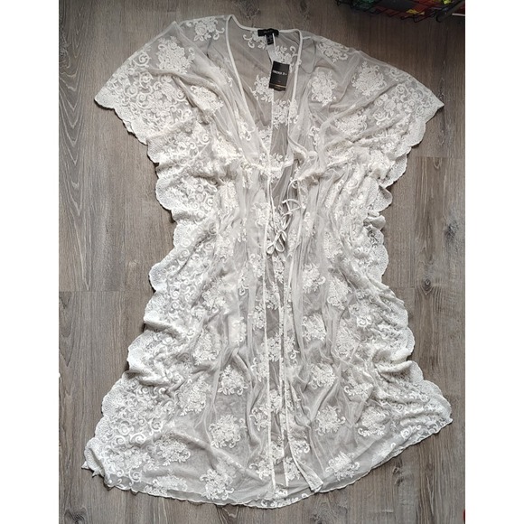 Forever 21 Other - Forever 21 Sheer Ivory Lace Kimono Cover Beach Kaftan Maxi Tie Front 2X/3X NEW